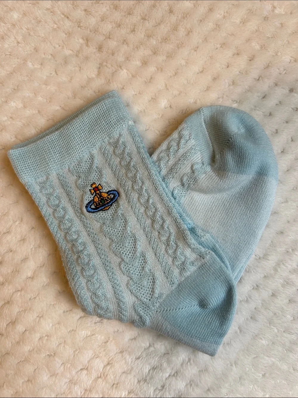 NWOT Vivienne Westwood Unisex Cable-Knit Crew Socks With Orb Logo - Pastel Blue